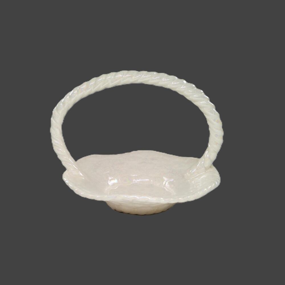 Iridescent White Basket Weave Ceramic Handled Candy Fruit Basket Bowl